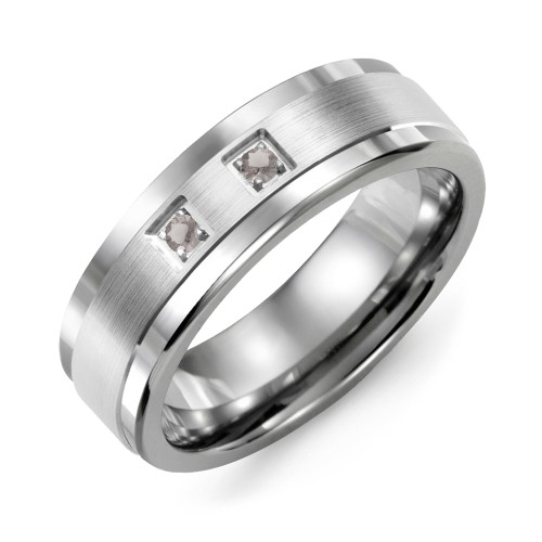 Men's 2-Stone Brushed Ring With Inlay – Tungsten with Smokey Quartz