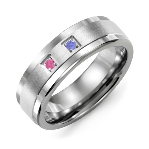 Men's 2-Stone Brushed Ring With Inlay – Tungsten with Ruby and Blue Sapphire