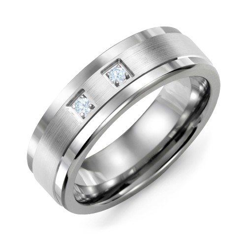 Men's 2-Stone Brushed Ring With Inlay – Tungsten with Blue Topaz