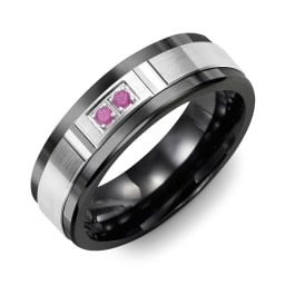 Men's 2-Stone Brushed Ring With Diamond Cut Groove Inlay