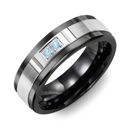 Men's 2-Stone Brushed Ring With Diamond Cut Groove Inlay in Ceramic