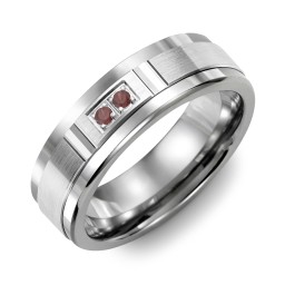 Men's 2-Stone Brushed Ring With Diamond Cut Groove Inlay in Tungsten with Garnet