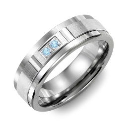 Men's 2-Stone Brushed Ring With Diamond Cut Groove Inlay in Tungsten