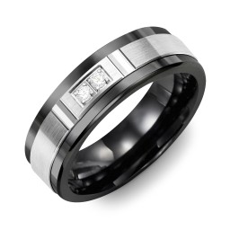 Men's 2-Stone Brushed Ring With Diamond Cut Groove Inlay in Ceramic with Cubic Zirconia