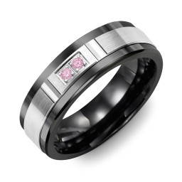 Men's 2-Stone Brushed Ring With Diamond Cut Groove Inlay in Ceramic with Pink Tourmaline