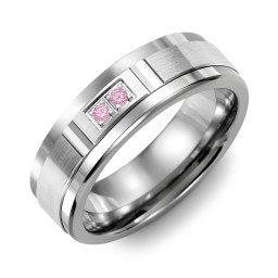 Men's 2-Stone Brushed Ring With Diamond Cut Groove Inlay in Tungsten with Pink Tourmaline