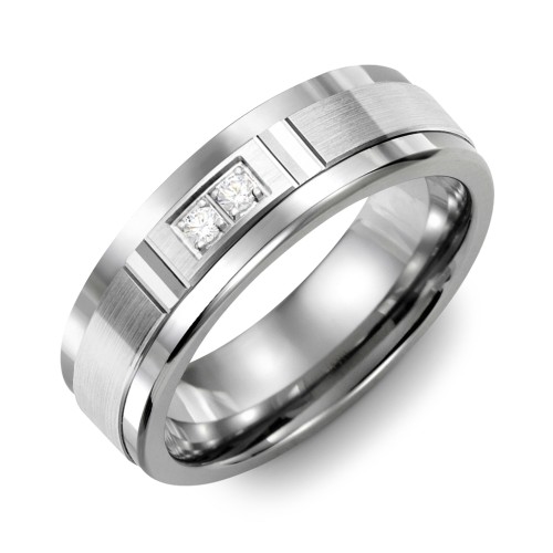 Men's 2-Stone Brushed Ring With Diamond Cut Groove Inlay – Tungsten with Cubic Zirconia