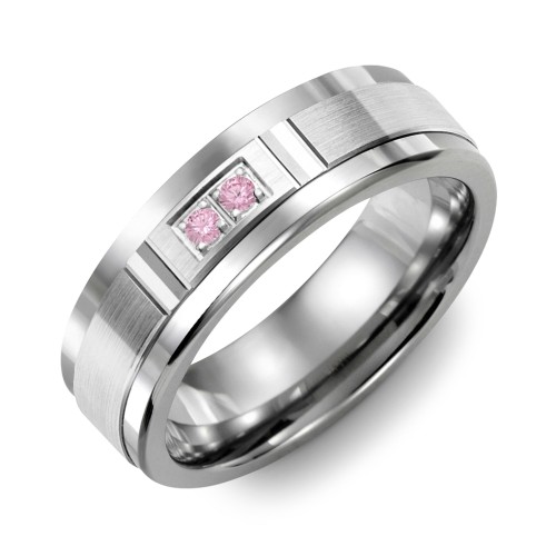 Men's 2-Stone Brushed Ring With Diamond Cut Groove Inlay – Tungsten with Pink Tourmaline