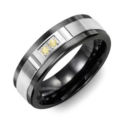 Men's 2-Stone Brushed Ring With Diamond Cut Groove Inlay in Ceramic with Citrine