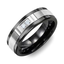 Men's 2-Stone Brushed Ring With Diamond Cut Groove Inlay in Ceramic with Blue Topaz