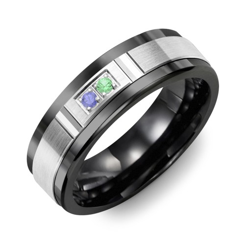 Men's 2-Stone Brushed Ring With Diamond Cut Groove Inlay – Ceramic with Blue Sapphire and Emerald