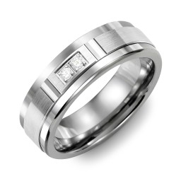 Men's 2-Stone Brushed Ring With Diamond Cut Groove Inlay in Tungsten with Cubic Zirconia