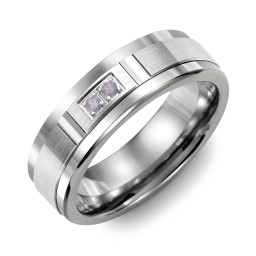 Men's 2-Stone Brushed Ring With Diamond Cut Groove Inlay in Tungsten with Alexandrite