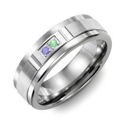 Men's 2-Stone Brushed Ring With Diamond Cut Groove Inlay in Tungsten with Blue Sapphire and Green Premium Zirconia