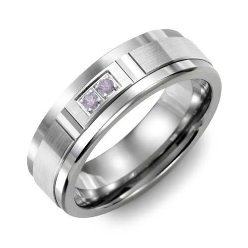 Men's 2-Stone Brushed Ring With Diamond Cut Groove Inlay – Tungsten with Alexandrite