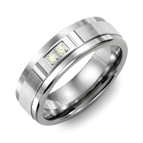 Men's 2-Stone Brushed Ring With Diamond Cut Groove Inlay – Tungsten with Peridot