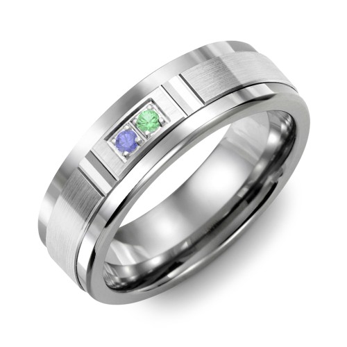 Men's 2-Stone Brushed Ring With Diamond Cut Groove Inlay – Tungsten with Blue Sapphire and Emerald