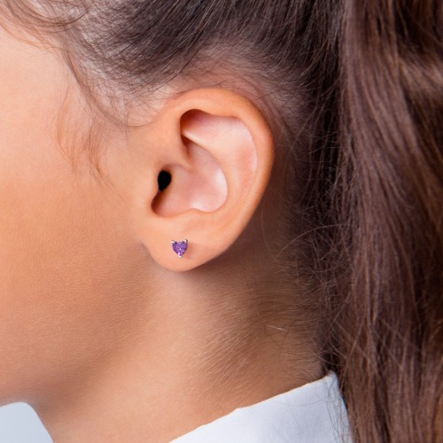 Kids Heart Birthstone Stud Earrings – Sterling Silver with Pink Tourmaline