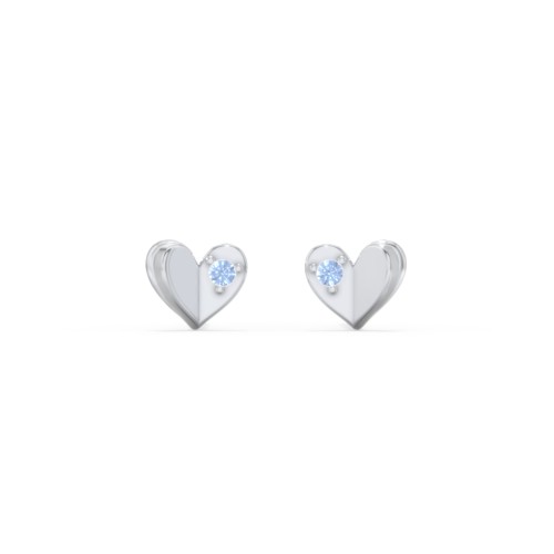 Kids Folded Heart Stud Earrings with Gemstones – Sterling Silver with Fancy Blue Premium Zirconia