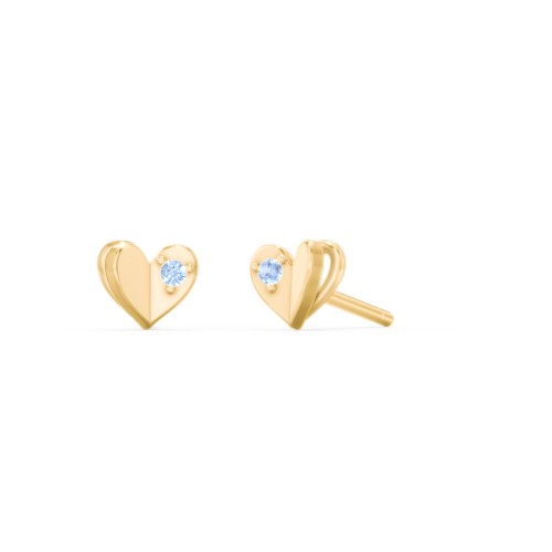 Kids Folded Heart Stud Earrings with Gemstones – 10K Yellow Gold with Fancy Blue Premium Zirconia