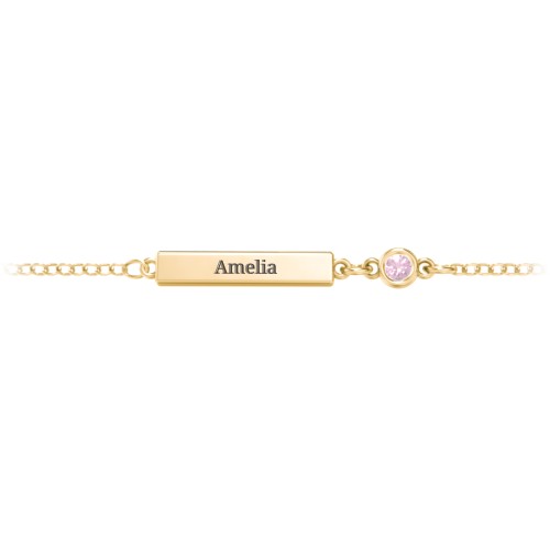 Kids and Baby Engravable Bar Bracelet with Bezel Set Stone – 10K Yellow Gold with Pink Tourmaline