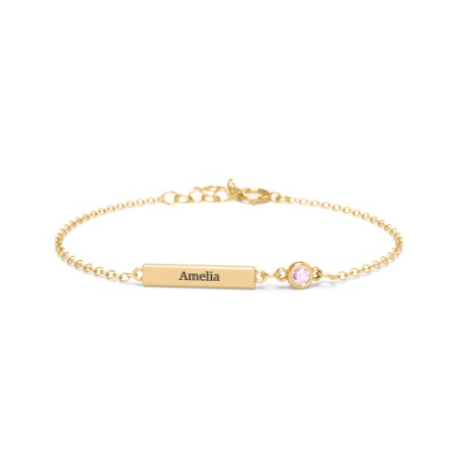 Kids and Baby Engravable Bar Bracelet with Bezel Set Stone – 14K Yellow Gold with Pink Tourmaline
