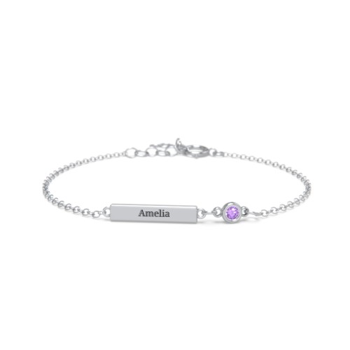 Kids and Baby Engravable Bar Bracelet with Bezel Set Stone – Sterling Silver with Amethyst