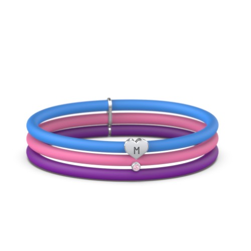 Engravable Heart and Birthstone Charm Silicone Bracelet Set - Double Style – Sterling Silver with Pink Tourmaline