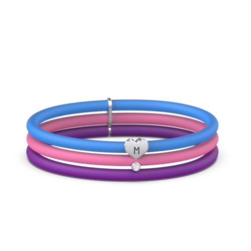Engravable Heart and Birthstone Charm Silicone Bracelet Set - Double Style – Sterling Silver with Diamond