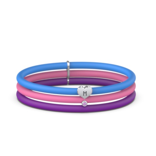 Engravable Heart and Birthstone Charm Silicone Bracelet Set - Double Style