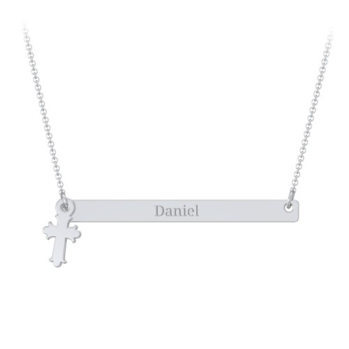 Kids Engravable Bar Necklace with Cross Charm – Sterling Silver