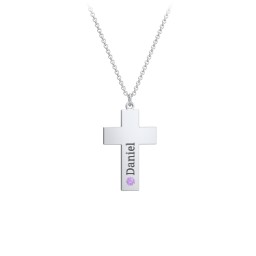 Kids Engravable Birthstone Cross Necklace in 925 Sterling Silver with Amethyst