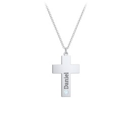 Kids Engravable Birthstone Cross Necklace in 925 Sterling Silver with Blue Topaz