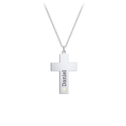 Kids Engravable Birthstone Cross Necklace in 925 Sterling Silver with Peridot