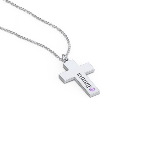Kids Engravable Birthstone Cross Necklace – Sterling Silver with Amethyst