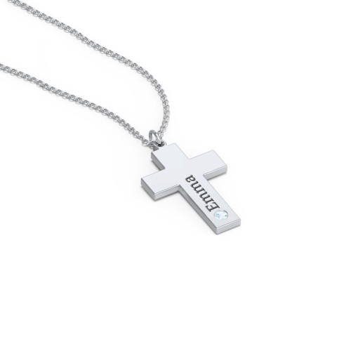 Kids Engravable Birthstone Cross Necklace – Sterling Silver with Blue Topaz