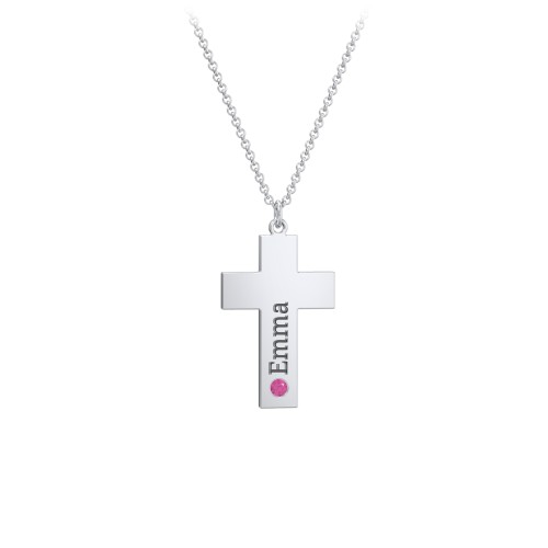Kids Engravable Birthstone Cross Necklace – Sterling Silver with Ruby