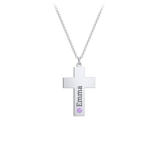 Kids Engravable Birthstone Cross Necklace – Sterling Silver with Amethyst