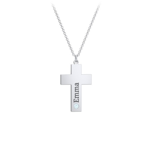 Kids Engravable Birthstone Cross Necklace – Sterling Silver with Blue Topaz