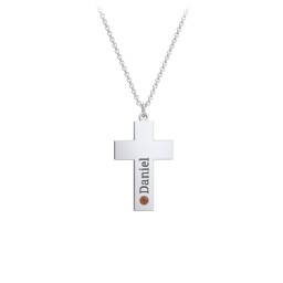 Kids Engravable Birthstone Cross Necklace in 925 Sterling Silver with Garnet