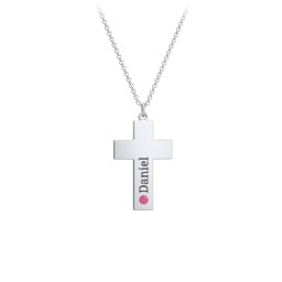 Kids Engravable Birthstone Cross Necklace in 925 Sterling Silver with Ruby