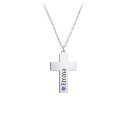 Kids Engravable Birthstone Cross Necklace in 925 Sterling Silver with Blue Sapphire