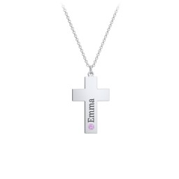 Kids Engravable Birthstone Cross Necklace in 925 Sterling Silver with Amethyst