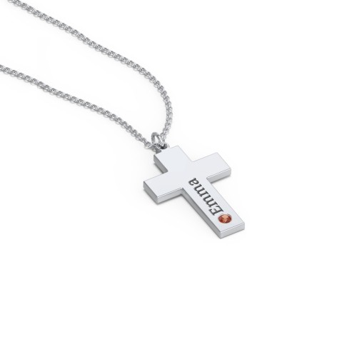 Kids Engravable Birthstone Cross Necklace – Sterling Silver with Garnet