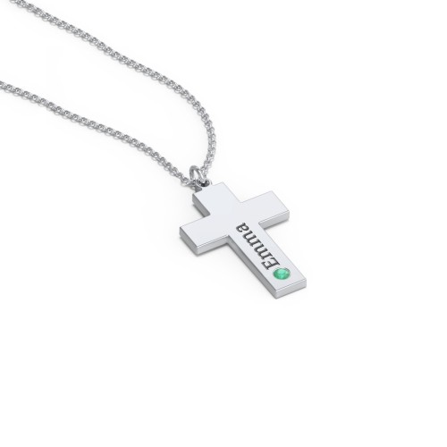 Kids Engravable Birthstone Cross Necklace – Sterling Silver with Emerald