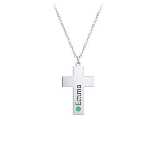 Kids Engravable Birthstone Cross Necklace – Sterling Silver with Emerald
