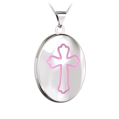 Kids Engravable Oval Photo Locket with Cross Design – Sterling Silver