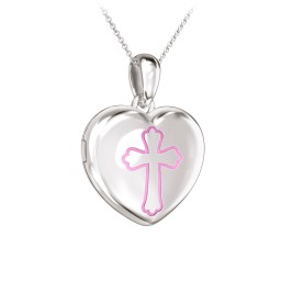 Kids Engravable Heart Photo Locket with Cross Design