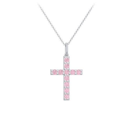 Kids Medium Gemstone Cross Pendant – Sterling Silver with Pink Tourmaline