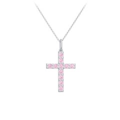 Kids Medium Gemstone Cross Pendant – Sterling Silver with Pink Tourmaline